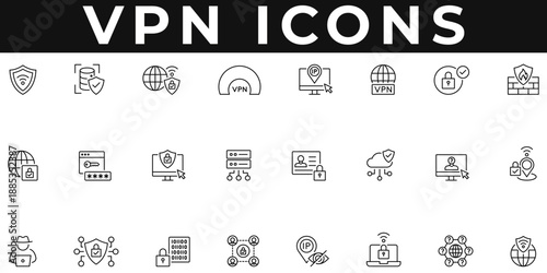 VPN Icons vector illustration with thin line editable stroke contains virtual, private, network, data protection, firewall, proxy, cybersecurity, secure access, tunnel, IP address, password, anonymous