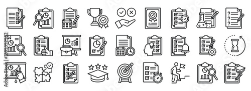 Assessment icon collection. Containing design experiment, questionnaire, computation, Summary, Planning