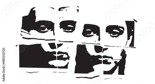 Abstract Collage of Fragmented Faces in Monochrome Silhouette.