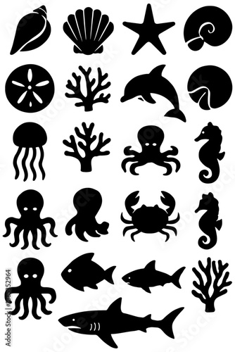 set of sea animals,
Marine Animals and Shells Black Silhouette Set