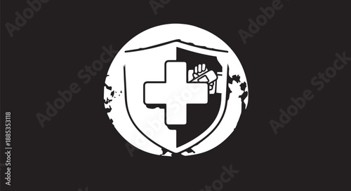 Circular emblem featuring a cross and shield design on a black background, a medical themed logo.