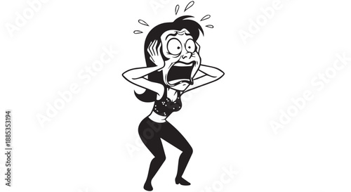 Cartoon woman expressing anxiety and distress in a line drawing, overwhelmed and worried.