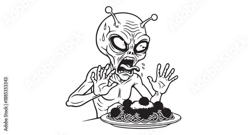 Whimsical cartoon alien enjoying a plateful of dessert with wide eyes.