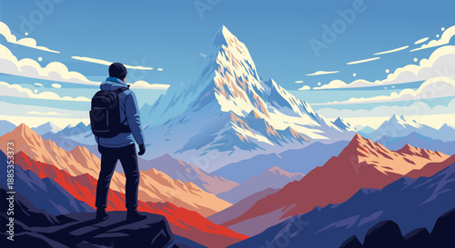 Majestic mountain range vector illustration with hiker admiring the summit in a vibrant color palette