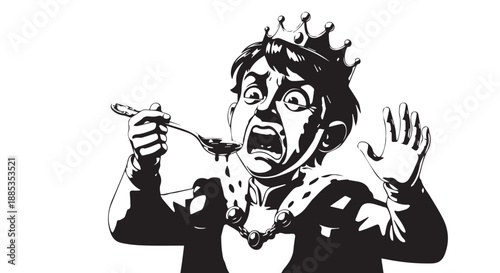 Distressed royal figure in chains shouting for help in a dramatic black and white illustration.