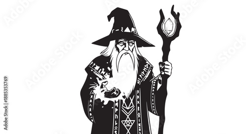 Whimsical Wizard Figure in Robes and Hat Holding a Staff, Classic Fantasy Illustration.