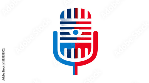 A stylized microphone in red, blue, and white with a patriotic color scheme on a white background