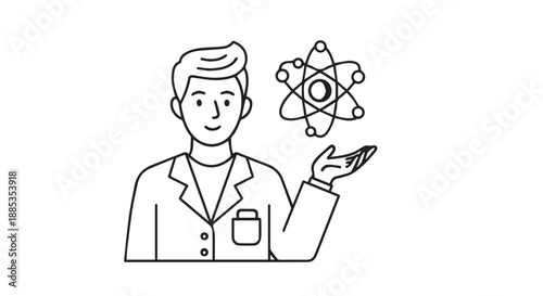 Cartoon scientist presenting atomic model illustration in a laboratory setting.