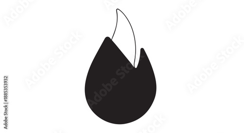 Abstract black teardrop with white flame icon, minimalist vector illustration on white background.
