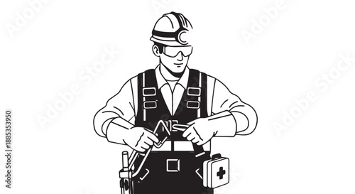 Construction Worker in Safety Gear Wearing Helmet and Toolbelt on a Job Site.