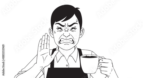 Annoyed man with coffee makes a disapproving gesture in a cartoon illustration.