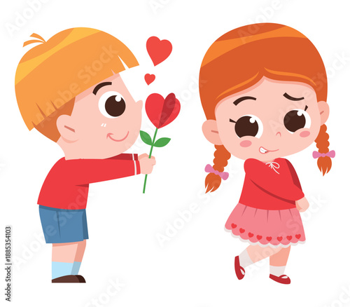 Cute Boy Giving Flower to Girl Valentine’s Day Cartoon Illustration