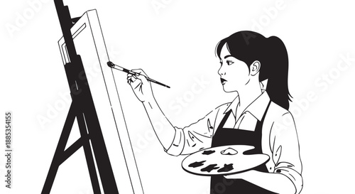 Woman painting on a canvas with palette at an easel, capturing a creative moment.