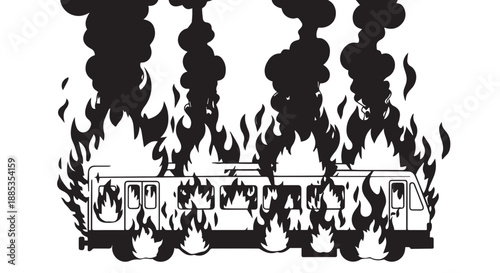 Crowded bus silhouette engulfed in flames with protesting figures and bold smoke.