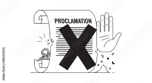 Cartoon protest illustration with a bold X and proclamation sign featuring hands and a small figure.