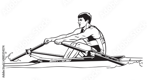 Seated Rowing Athlete Propels Narrow Boat Across Calm Water.