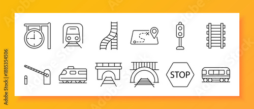 Railway set icon. Train, track, map, tunnel, stop, bridge, signal, gate, station, transport, locomotive, rail, route, travel, journey, infrastructure, transport, traffic, vehicle, movement