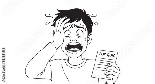 Young man distressed by a sudden pop quiz while reading a newspaper with a shocked expression.