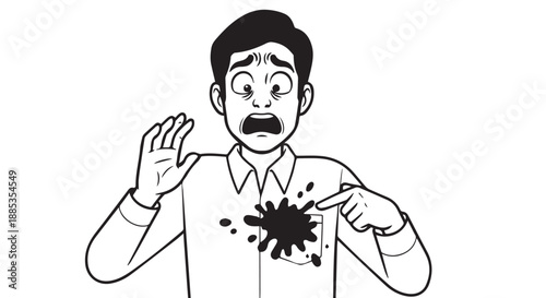 Surprised man with ink splatter on chest illustrating sudden shock and uneasy mood.