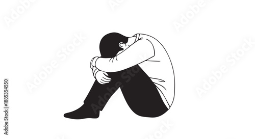 Solitary figure seated with knees hugged, conveying sadness, isolation, and quiet introspection in a stark monochrome illustration.