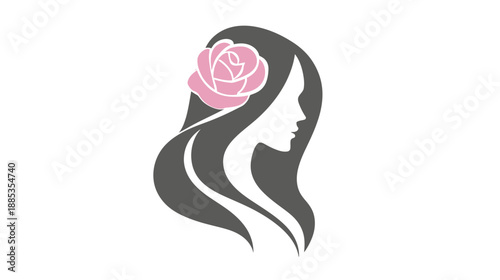A stylized profile of a woman with long flowing hair, adorned with a pink rose