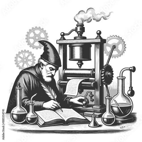 wizard-like alchemist using a quill pen near a vintage steam-powered printing press and lab equipment sketch engraving generative ai vector illustration. Scratch board imitation. Black and white image