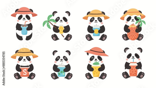 Panda Icon set Collection featuring various cartoon pandas in hats and bibs displayed together