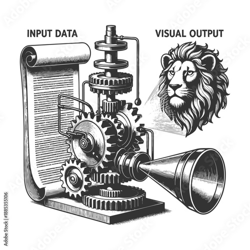 mechanical device transforming a scroll of input data into a projected lion head as visual output sketch engraving generative ai vector illustration. Scratch board imitation. Black and white image.
