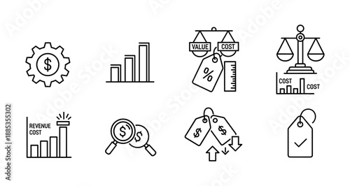 Economic icons set: financial analysis, cost management, budget planning, growth charts, linear style