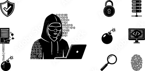 Black vector icons depicting various security and cyber security and hacking and password and protection concepts on white background