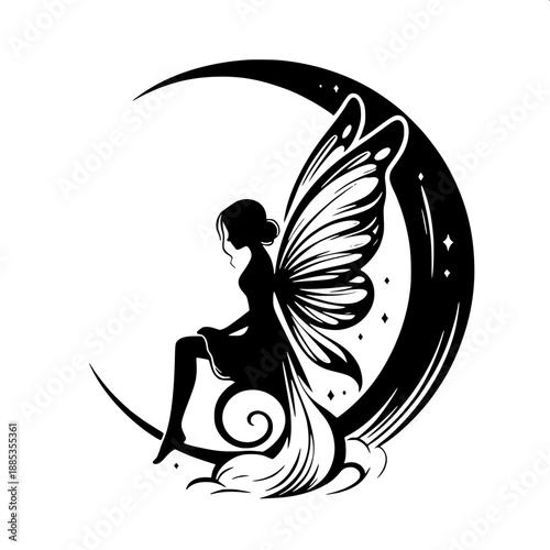 Black silhouette fairy sitting on ground, large butterfly wings, holding a small butterfly on her finger, clean white background, vector art, minimal design, high contrast