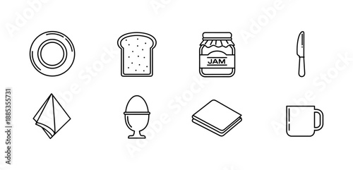 Breakfast essentials outline: dishes, mug, bread, jam, knife, egg holder, napkin