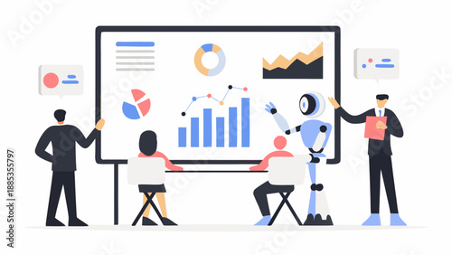 Team discussing data analysis and presentation with ai assistance