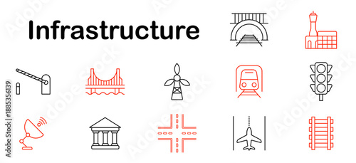 Infrastructure set icon. Bridge, road, train, tunnel, wind turbine, traffic light, crossroad, airport, railway, control tower, signal, structure, network.