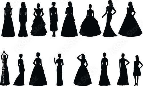 Vector set of elegant female silhouettes wearing various stylish long evening gowns and cocktail dresses