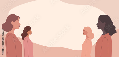 Women's Day, March 8th. Vector banner with a place for text, different women standing in profile to each other. Diversity, equality. Abstract background. Use for projects women's health, empowerment