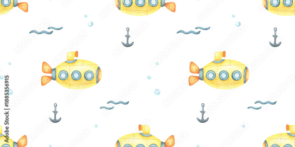 Naklejka premium Yellow submarine, anchor, waves and bubbles Hand drawn watercolor seamless pattern. Kids background of cute underwater transport. Nursery print children design, fabric, wrapping paper, baby bedding