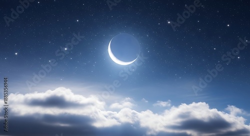 A serene night sky features a crescent moon and a scattering of
