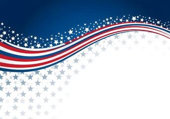 Patriotic American Flag Background with Stars and Wavy Red White and Blue Ribbons on White