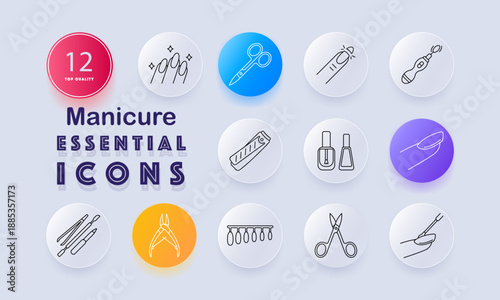 Manicure set icon. Nails, scissors, finger, electric file, clippers, polish bottles, cuticle tools, nippers, UV lamp, brush illustrated in beauty nail care outline style.