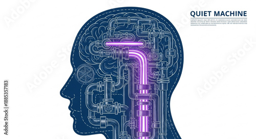 Human head silhouette with pipes and valves.