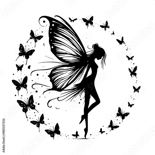 Elegant fairy silhouette, side profile, bun hairstyle, detailed butterfly wings, monochrome black, flat vector illustration, no shading