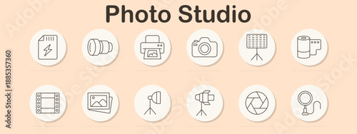 Photo studio set icon. Flash card, lens, printer, camera, softbox, film roll, filmstrip, photo, tripod light, spotlight, aperture, magnifier.