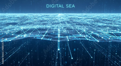 Abstract digital sea with glowing lines and wave like data streams high quality