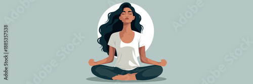 Vector illustration with a place for text, female yogi in meditative lotus position with her eyes closed, radiating calmness. Soft pastel background. Perfect for wellness, mental health, yoga content