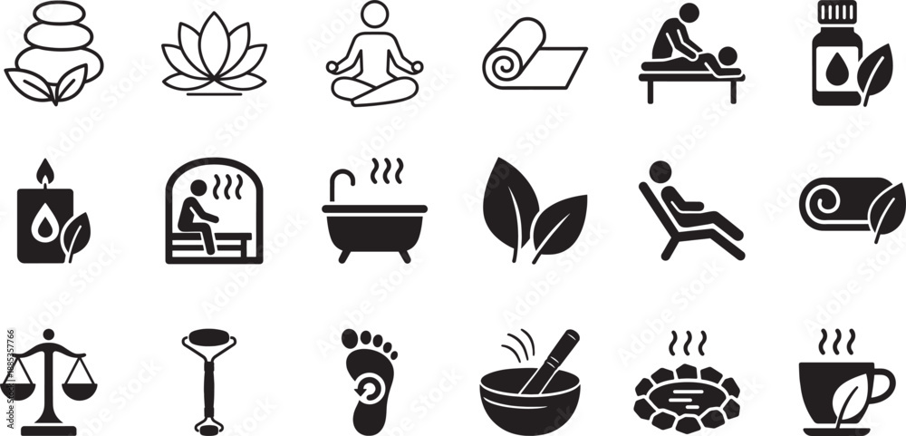 Fototapeta Spa and wellness line icon set with relaxation, beauty, and health symbols in clean vector style.q