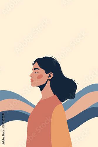 Vector illustration with a place for text, a woman in profile with her eyes closed, abstract background in pastel colors. For topics of beauty, psychology, women's health, mindfulness, awareness
