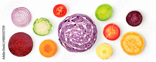 Colorful vegetable slices collection isolated on white background. Red cabbage, beetroot, carrot, sweet potato, tomato and brussels sprouts banner