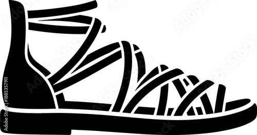 Black silhouette gladiator sandal with straps. Fashion footwear icon. Vector illustration for clothing store, summer sale banner, print, badge