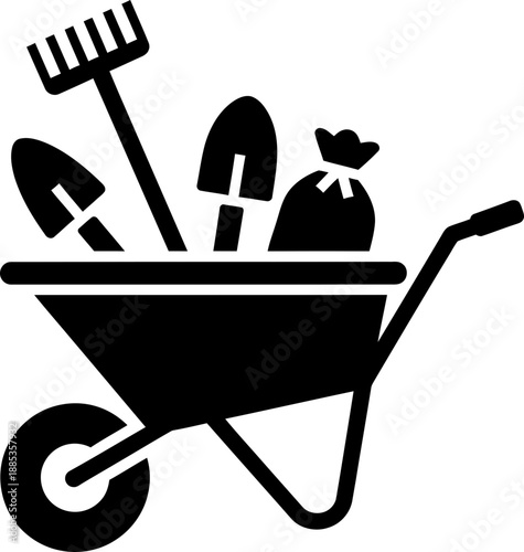 Garden wheelbarrow icon with shovel, rake, and sack. Gardening tool equipment. Agriculture design element. Flat vector illustration